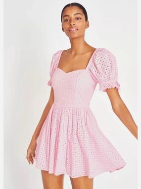 LoveShackFancy Pink Eyelet Puff-Sleeve Mini Dress